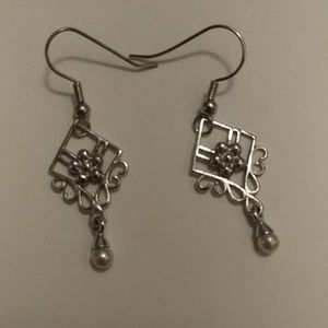 Lacy Silver Toned Earrings w/ Faux Pearls